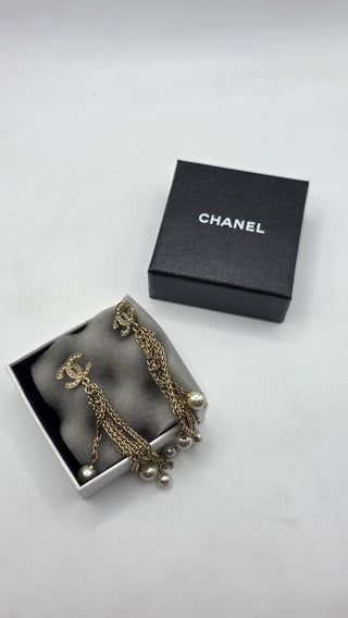 Chanel Gold-tone Faux Pearl Interlocking Drop Earrings