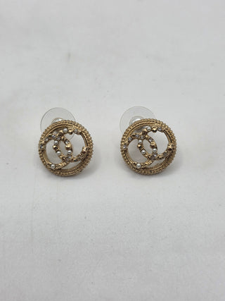 Chanel Gold-tone Faux Pearl Strass CC Stud Earrings