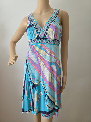 Emilio Pucci Blue Multicolor v-neck summer dress 8 US sz