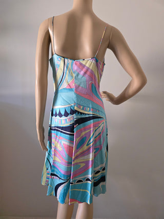 Emilio Pucci Blue Multicolor Signature Print Summer Dress 10 sz