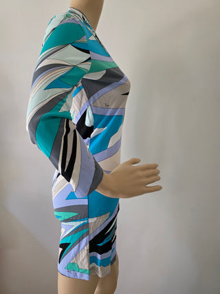 Emilio Pucci Blue Multicolor Signature Print V-Neck Blouse 6 sz