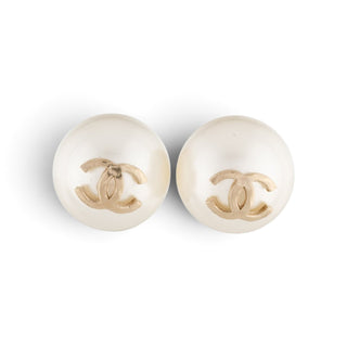 Chanel Gold-tone White Faux Pearl Interlocking CC Stud Earrings