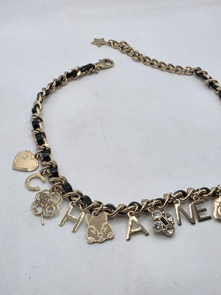 Chanel Gold-tone Faux Pearl, Strass Leather Interlocking Logo Collar Necklace