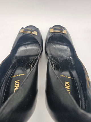 Fendi Black Leather Zucca FF Logo Peep-toe Pumps 40 sz