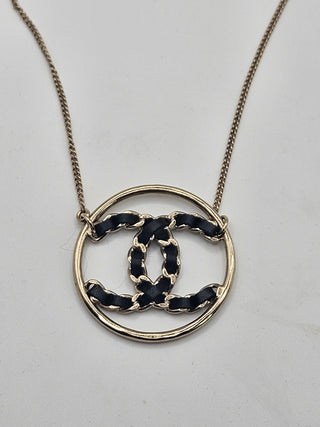 Chanel Leather Gold-tone Interlocking CC Pendant Necklace