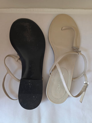 Chanel Beige leather 2019 Interlocking CC Logo T-Strap Sandals 37 sz