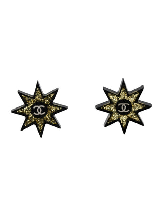 Chanel Black Gold Glitter Resin Interlocking CC Stud Earrings