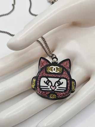 Chanel Gold-tone Black glitter Resin CC Cat Pendant Necklace