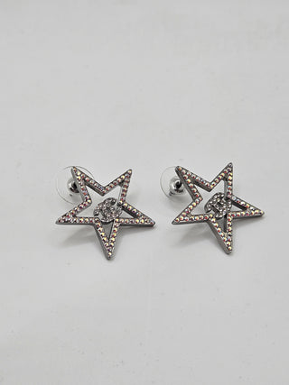 Chanel Silver-tone Strass Star Interlocking Logo Stud Earrings