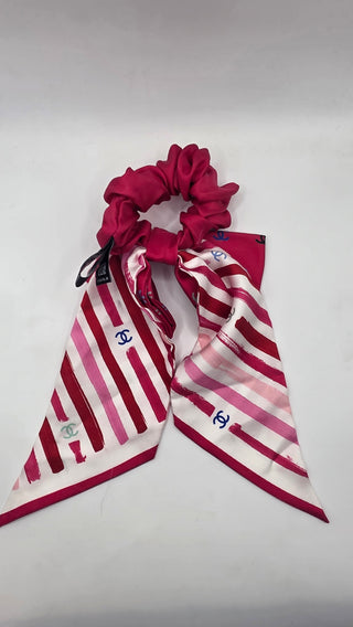 Chanel Pink White Interlocking CC 2024 Silk Bow Scrunchie
