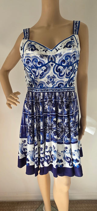 Dolce & Gabbana White Blue Printed Silk Mini Dress 44 sz NWT