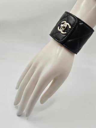 Chanel Black Leather Quilted CC Turnlock Wide Bracelet