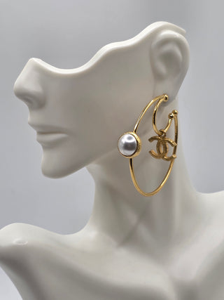 Chanel Gold-tone 2020 Faux Pearl Interlocking Hoop Earrings