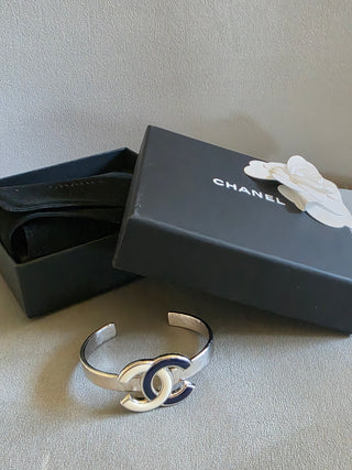 Chanel Silver-tone Interlocking CC Enamel Cuff Bracelet