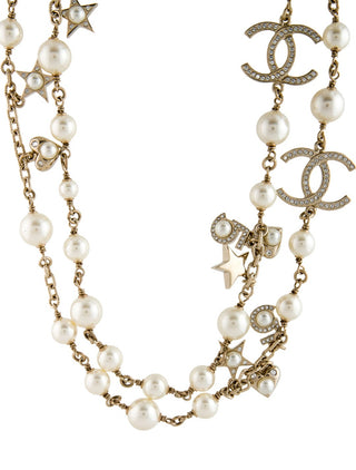 Chanel Gold-tone Faux Pearl Strass Interlocking CC Logo Long Station