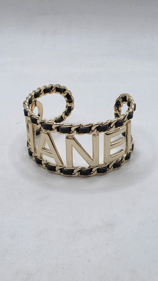 Chanel Gold-tone Leather 'CHANEL' Cuff Bracelet