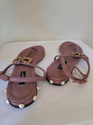 Dolce & Gabbana beige leather pearl logo embellished thong sandals 37 sz