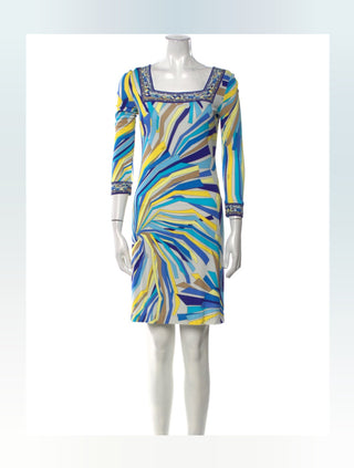 Emilio Pucci Blue Multicolor Signature Print Summer Dress 40 sz