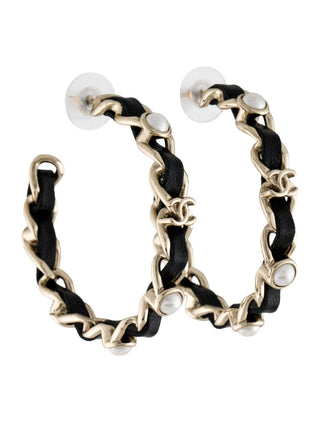 Chanel 2019 Faux Pearl Leather Interlocking CC Hoop Earrings