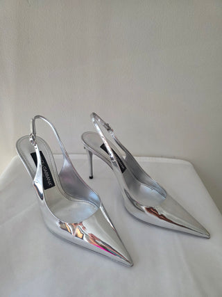 Dolce & Gabbana Metallic Silver Patent Leather DG Logo Slingback Pumps 38 sz