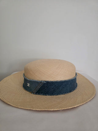Chanel Beige Interlocking CC Denim Straw Hat S sz