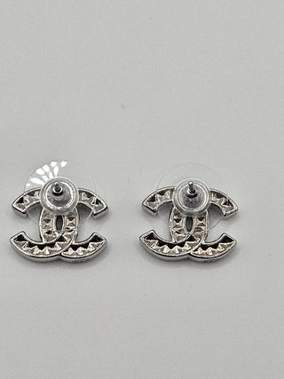 Chanel Interlocking Silver-tone Strass CC Stud Earrings