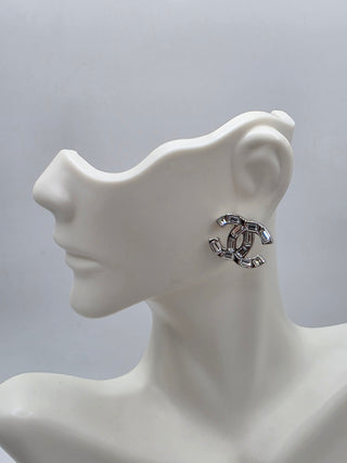 Chanel Silver-tone Strass CC Stud Earrings