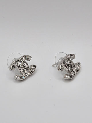 Chanel Interlocking Silver-tone Strass CC Stud Earrings