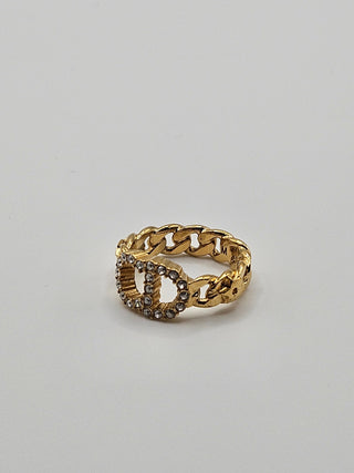 Christian Dior Gold-tone Crystal CD Logo Charm Ring 6 sz