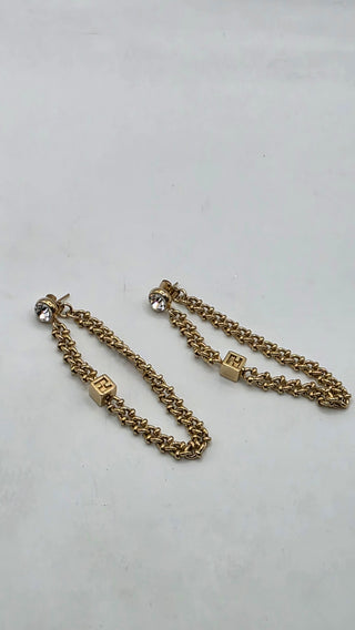 Fendi Gold-tone Crystal Chain Drop FF Logo Earring
