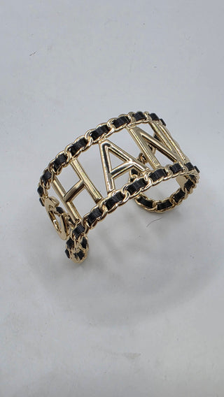 Chanel Gold-tone Leather 'CHANEL' Cuff Bracelet