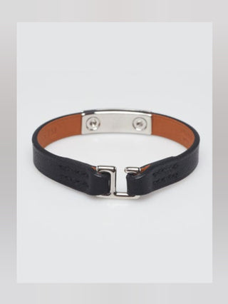 Hermes Black Swift Calfskin Leather Palladium Plated Mini Rivale Bracelet Size T2