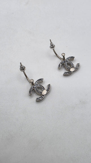 Chanel Silver-tone Black Enamel Glitter Interlocking CC Drop Earrings
