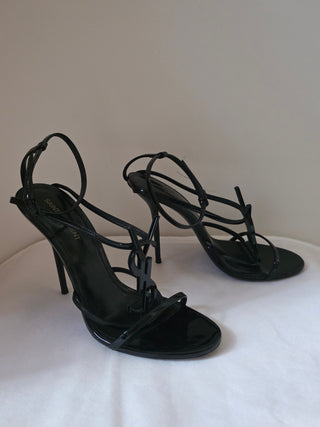 Saint Laurent Opyum Black Patent Leather YSL T-Strap Sandals 39.5 sz