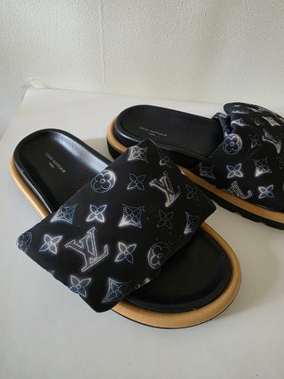 Louis Vuitton Black Blue LV Monogram Slides 40 sz