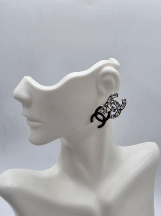 Chanel Silver-tone Strass CC Stud Earrings