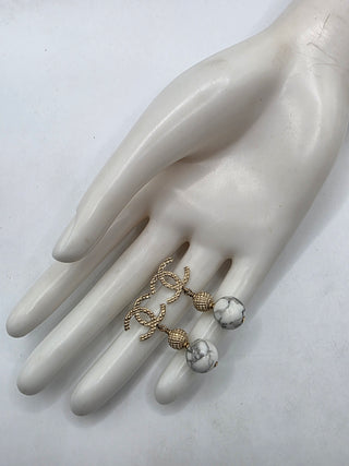 Chanel Gold-tone White Stone inside CC Drop Earrings