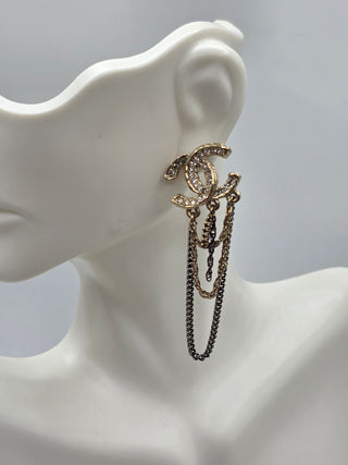 Chanel Gold-tone Strass Interlocking CC Chain Drop Earrings