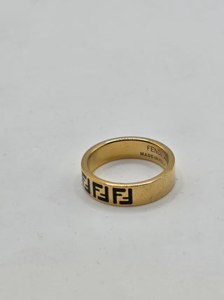 Fendi Gold-tone Enamel FF Logo Band Ring 6 sz