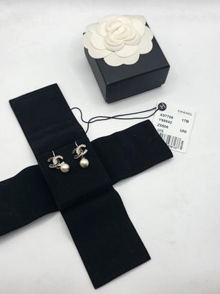 Chanel Silver-tone Faux Pearl Strass Interlocking CC Drop Earrings
