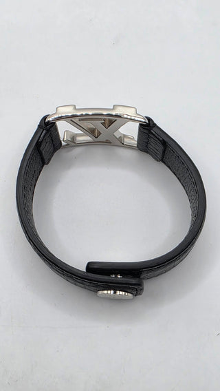 Louis Vuitton Silver-tone LV Logo Black Leather Hockenheim Bracelet