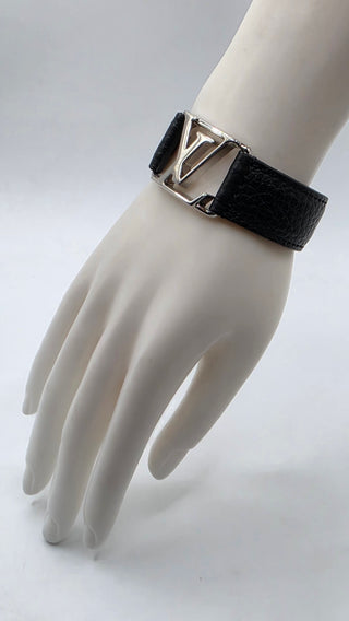 Louis Vuitton Silver-tone LV Logo Black Leather Hockenheim Bracelet