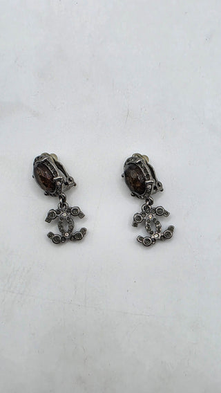 Chanel Resin Strass Silver-tone Interlocking CC Clip On Drop Earrings