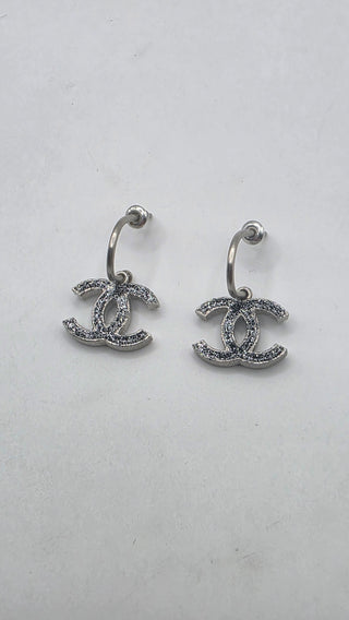 Chanel Silver-tone Black Enamel Glitter Interlocking CC Drop Earrings