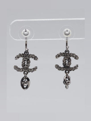 Chanel Silver-tone Ruthenium Metal CC Faux Pearl Drop Earrings
