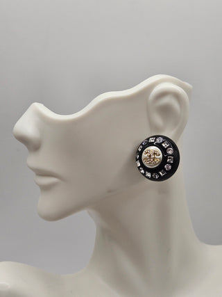 Chanel Black Resin Faux Pearl Crystal CC Stud Earrings