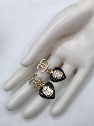 Chanel Strass Enamel Interlocking CC Heart Drop Earrings