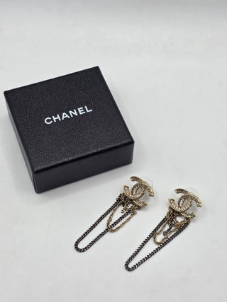 Chanel Gold-tone Strass Interlocking CC Chain Drop Earrings