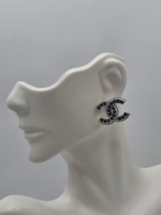 Chanel Silver-tone Interlocking CC Strass Stud Earrings