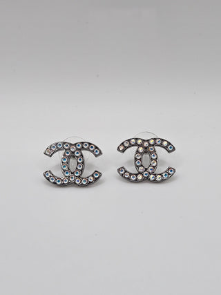 Chanel Iridescent Strass Interlocking CC Stud Earrings